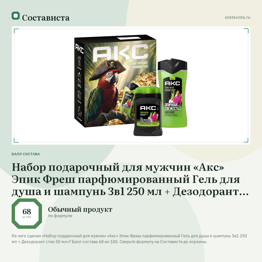 Набор подарочный для мужчин «Акс» Эпик Фреш парфюмированный Гель для душа и шампунь 3в1 250 мл + Дезодорант стик 50 мл: балл состава 68 из 100 — Состависта