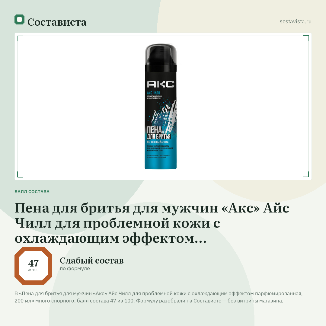 Пена для бритья для мужчин «Акс» Айс Чилл для проблемной кожи с охлаждающим эффектом парфюмированная, 200 мл: балл состава 47 из 100 — Состависта