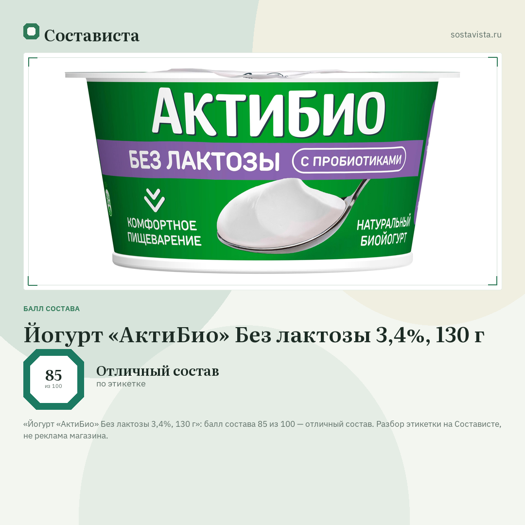 Йогурт «АктиБио» Без лактозы 3,4%, 130 г: балл состава 85 из 100 — Состависта