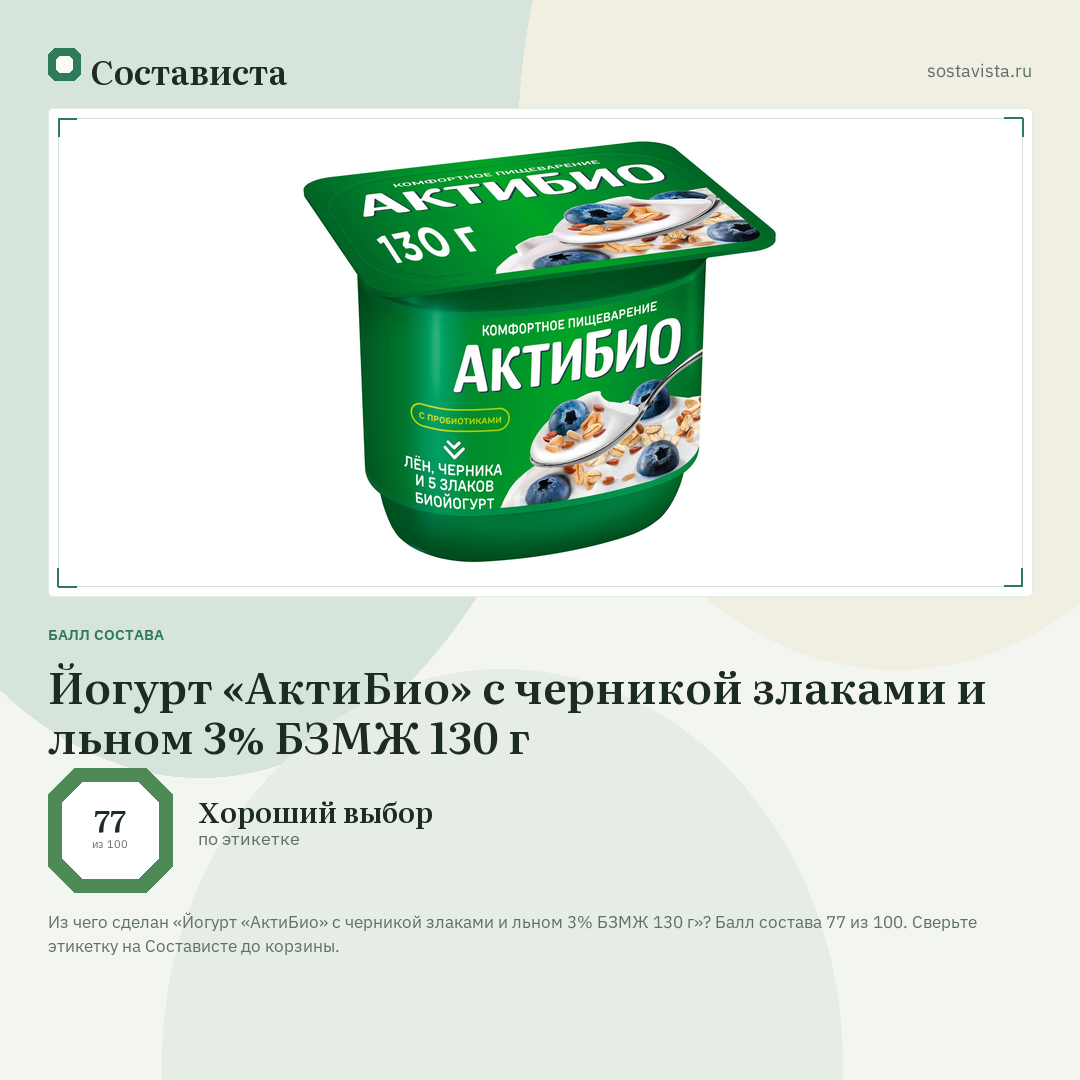 Йогурт «АктиБио» с черникой злаками и льном 3% БЗМЖ 130 г: балл состава 77 из 100 — Состависта
