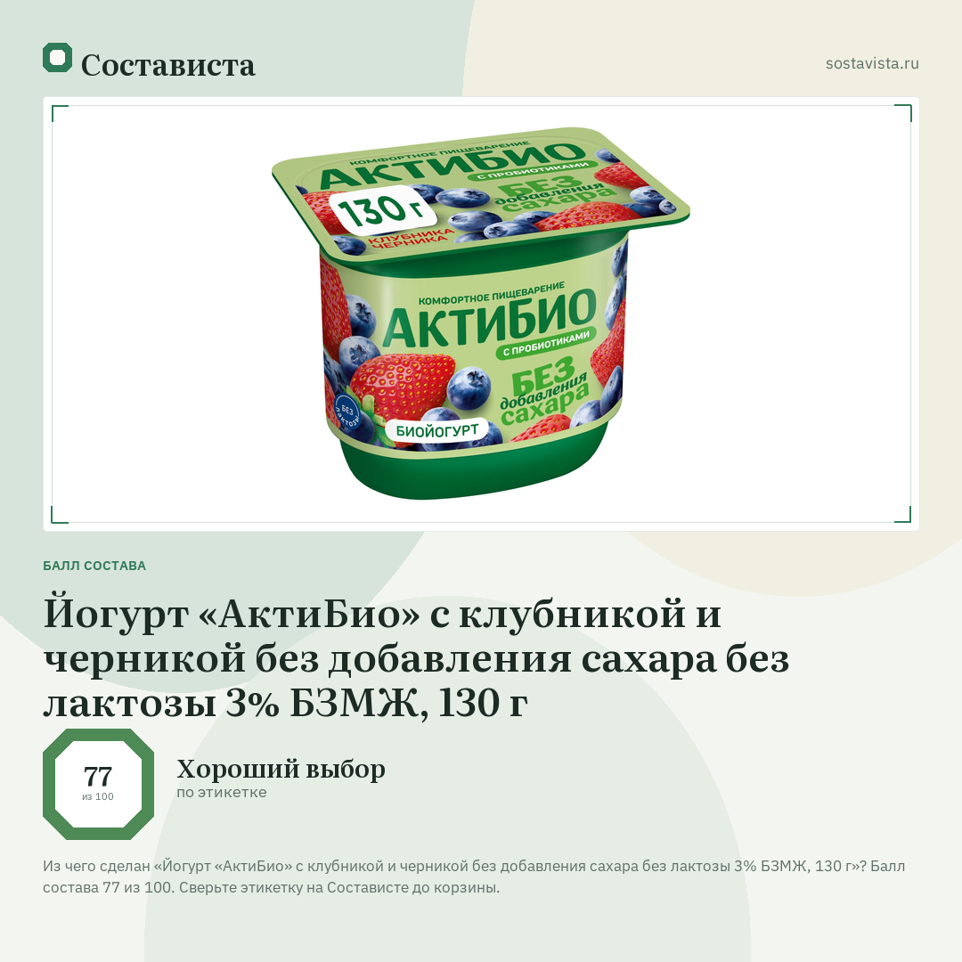 Йогурт «АктиБио» с клубникой и черникой без добавления сахара без лактозы 3% БЗМЖ, 130 г: балл состава 77 из 100 — Состависта