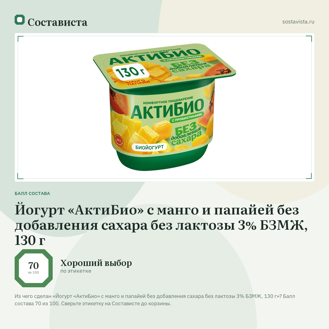 Йогурт «АктиБио» с манго и папайей без добавления сахара без лактозы 3% БЗМЖ, 130 г: балл состава 70 из 100 — Состависта