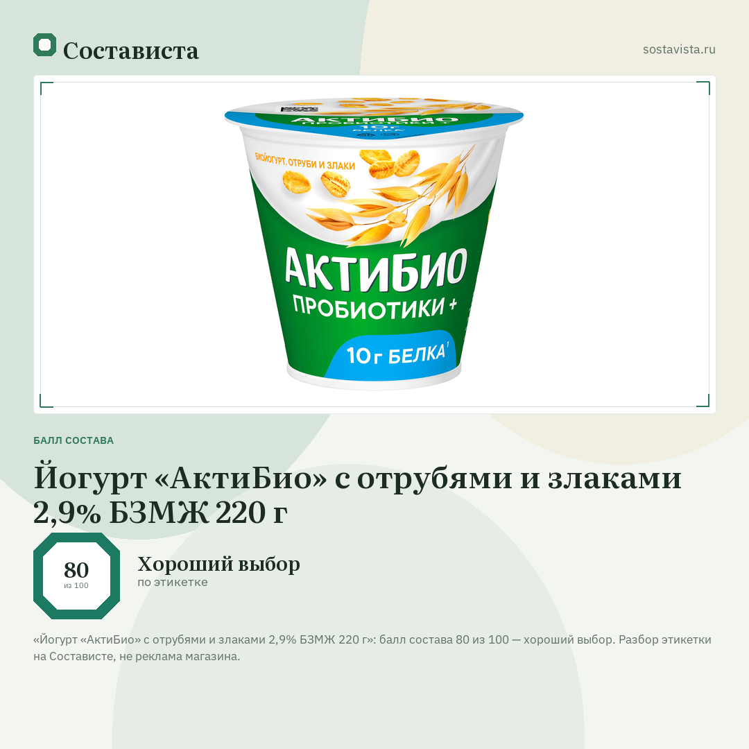 Йогурт «АктиБио» с отрубями и злаками 2,9% БЗМЖ 220 г: балл состава 80 из 100 — Состависта