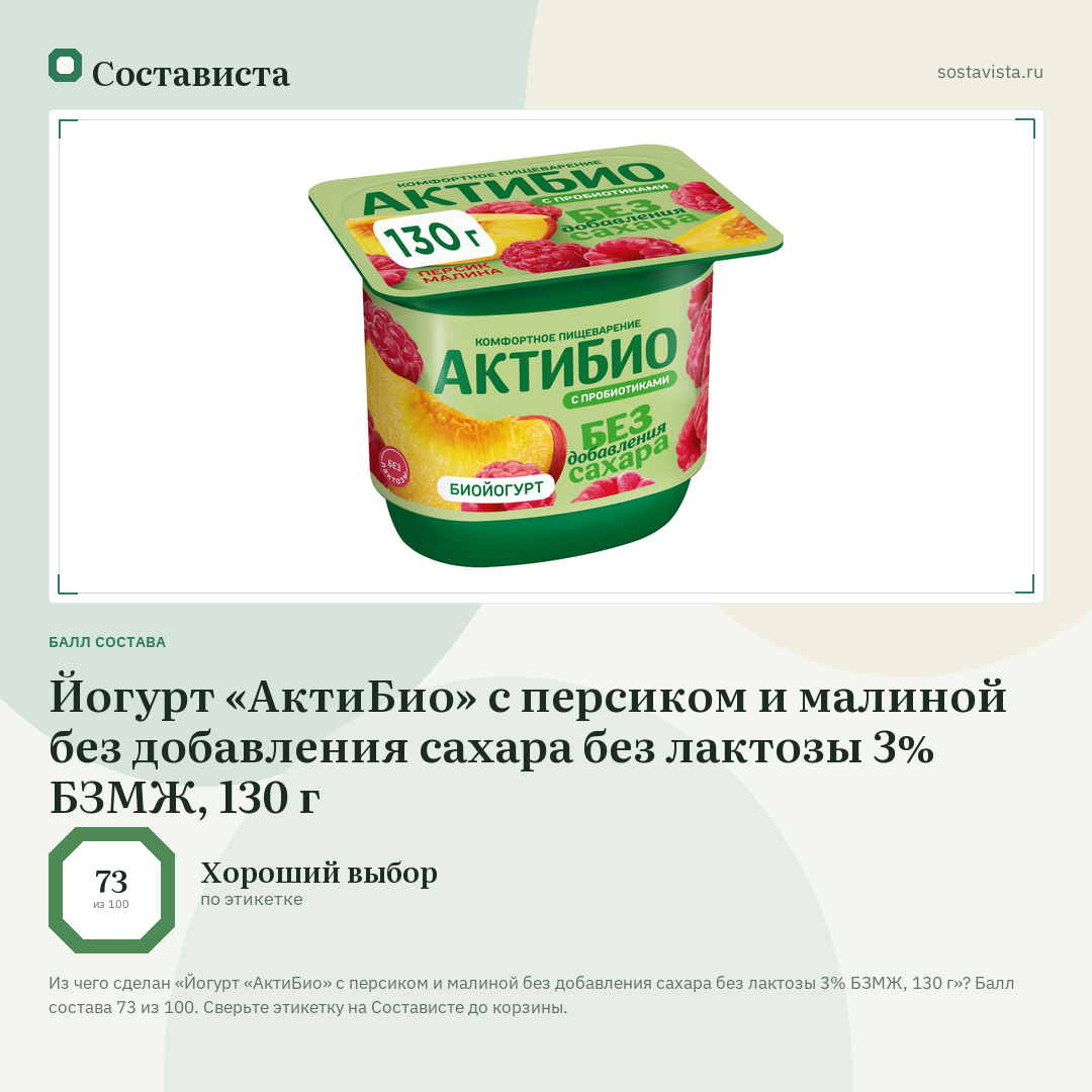Йогурт «АктиБио» с персиком и малиной без добавления сахара без лактозы 3% БЗМЖ, 130 г: балл состава 73 из 100 — Состависта