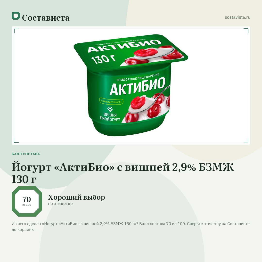 Йогурт «АктиБио» с вишней 2,9% БЗМЖ 130 г: балл состава 70 из 100 — Состависта
