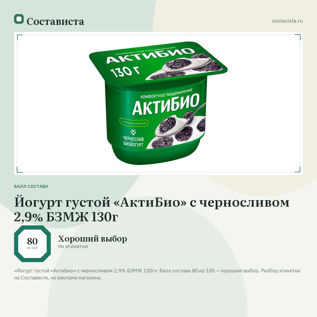 Йогурт густой «АктиБио» с черносливом 2,9% БЗМЖ 130г: балл состава 80 из 100 — Состависта