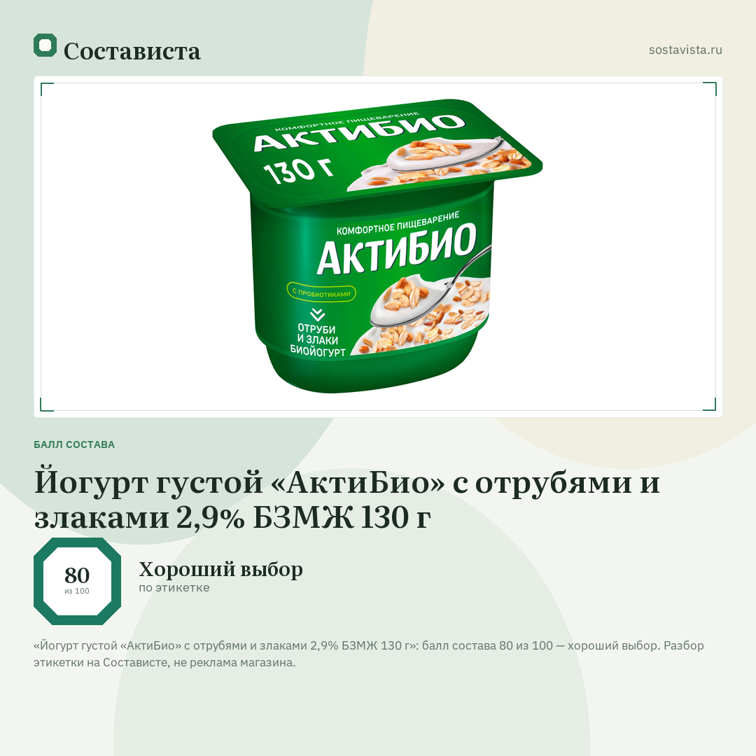 Йогурт густой «АктиБио» с отрубями и злаками 2,9% БЗМЖ 130 г: балл состава 80 из 100 — Состависта