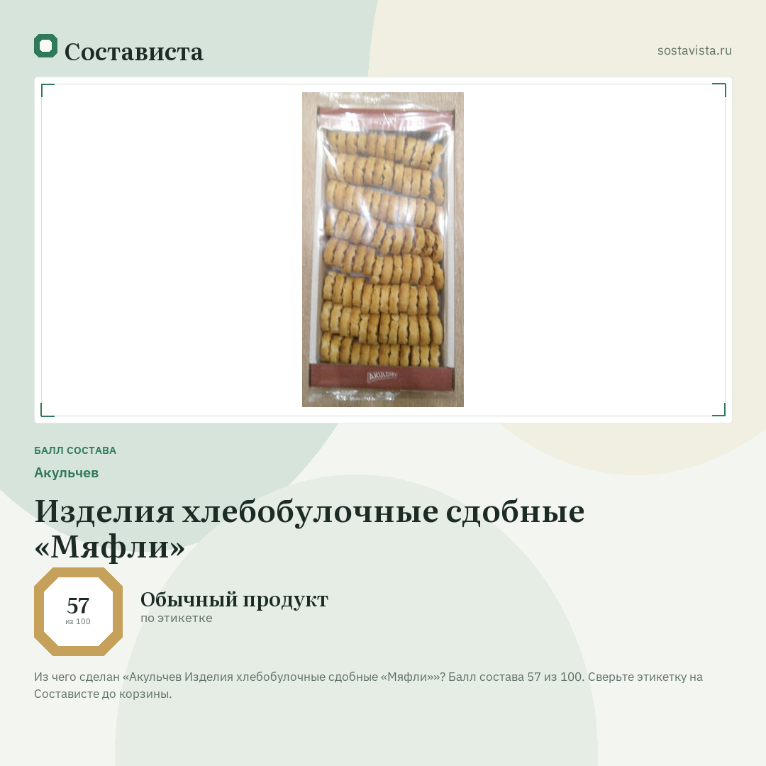 Акульчев Изделия хлебобулочные сдобные «Мяфли»: балл состава 57 из 100 — Состависта