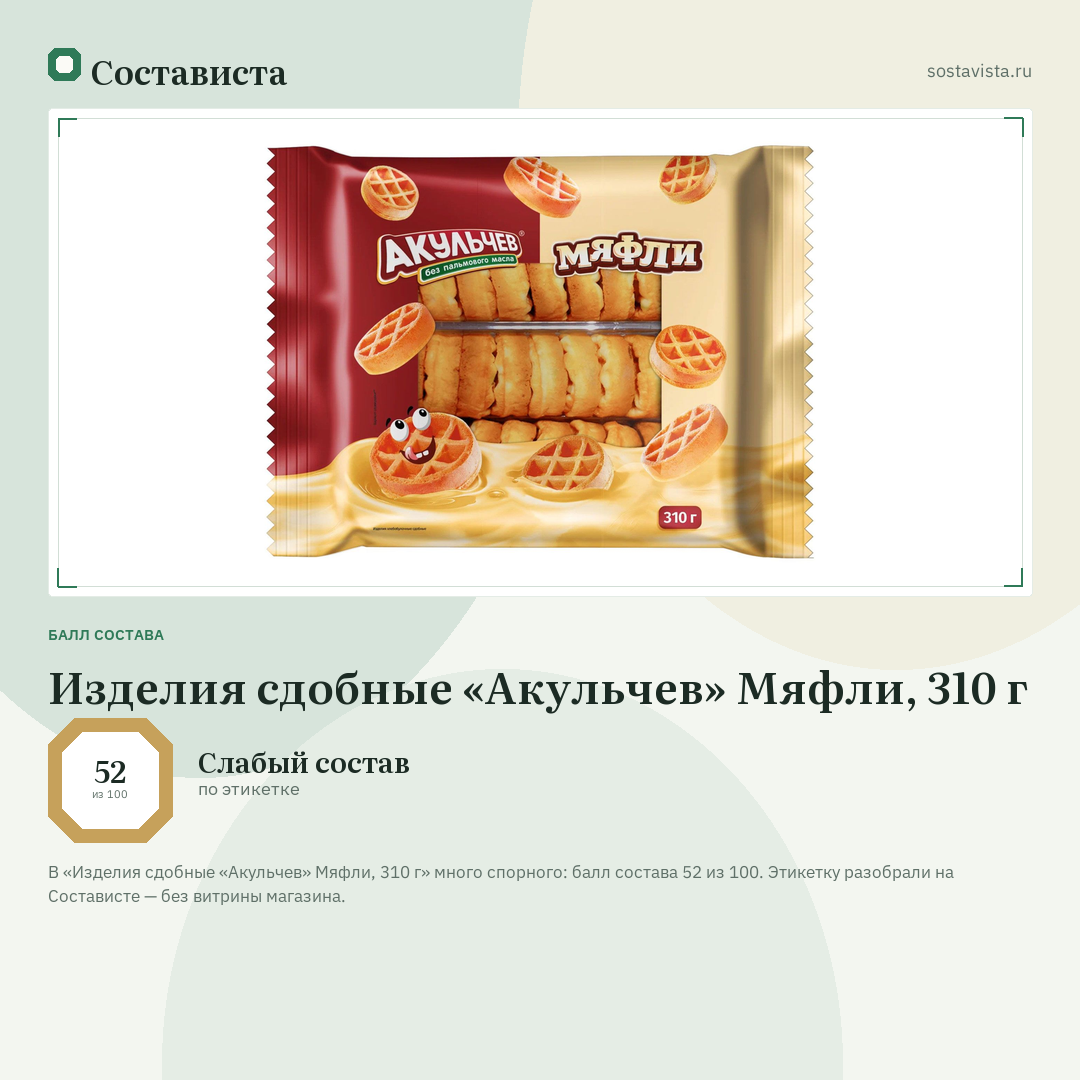 Изделия сдобные «Акульчев» Мяфли, 310 г: балл состава 52 из 100 — Состависта