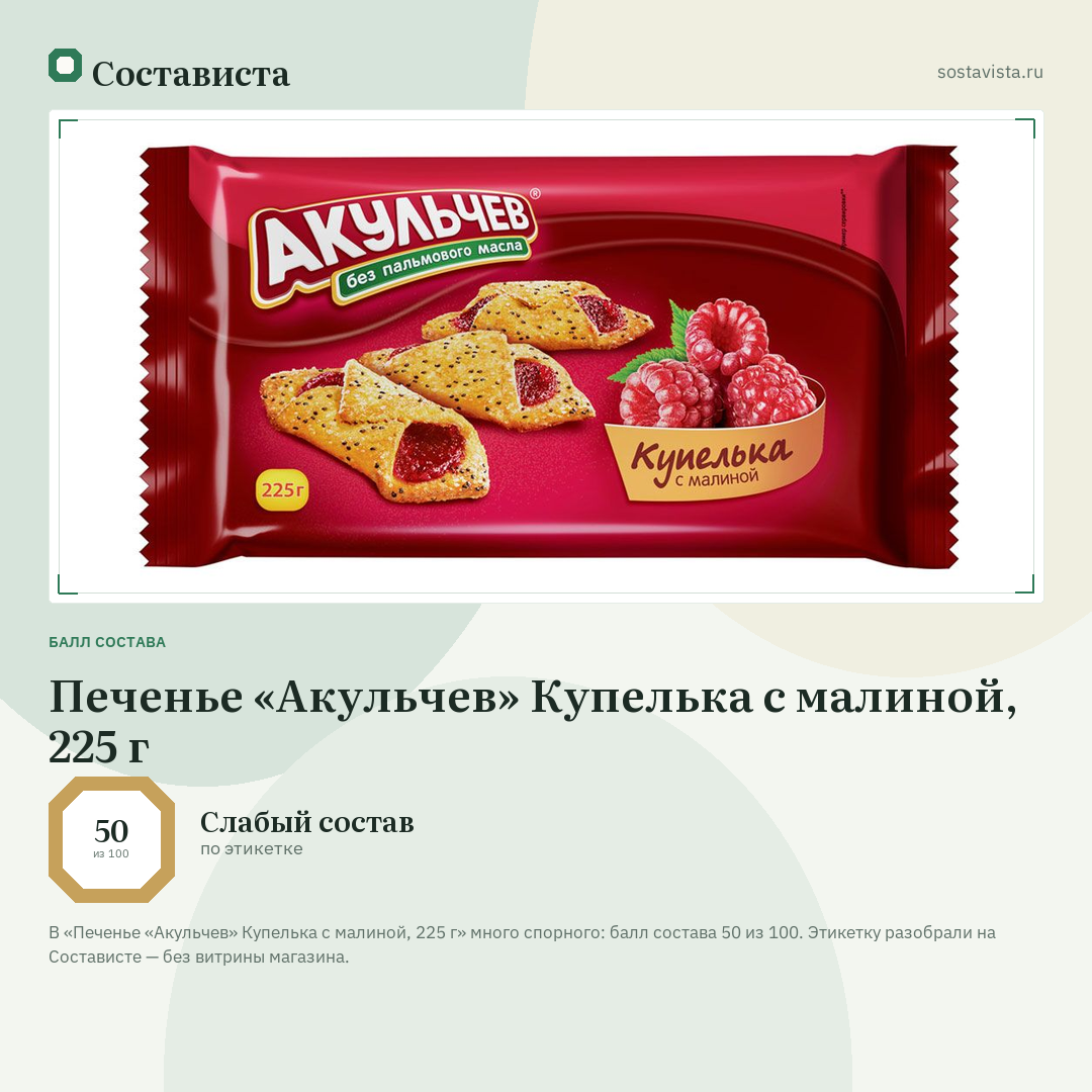 Печенье «Акульчев» Купелька с малиной, 225 г: балл состава 50 из 100 — Состависта