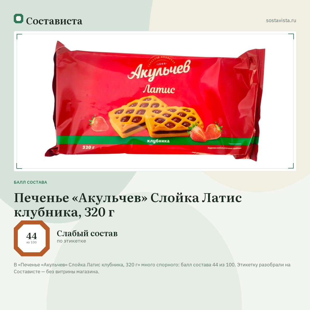 Печенье «Акульчев» Слойка Латис клубника, 320 г: балл состава 44 из 100 — Состависта
