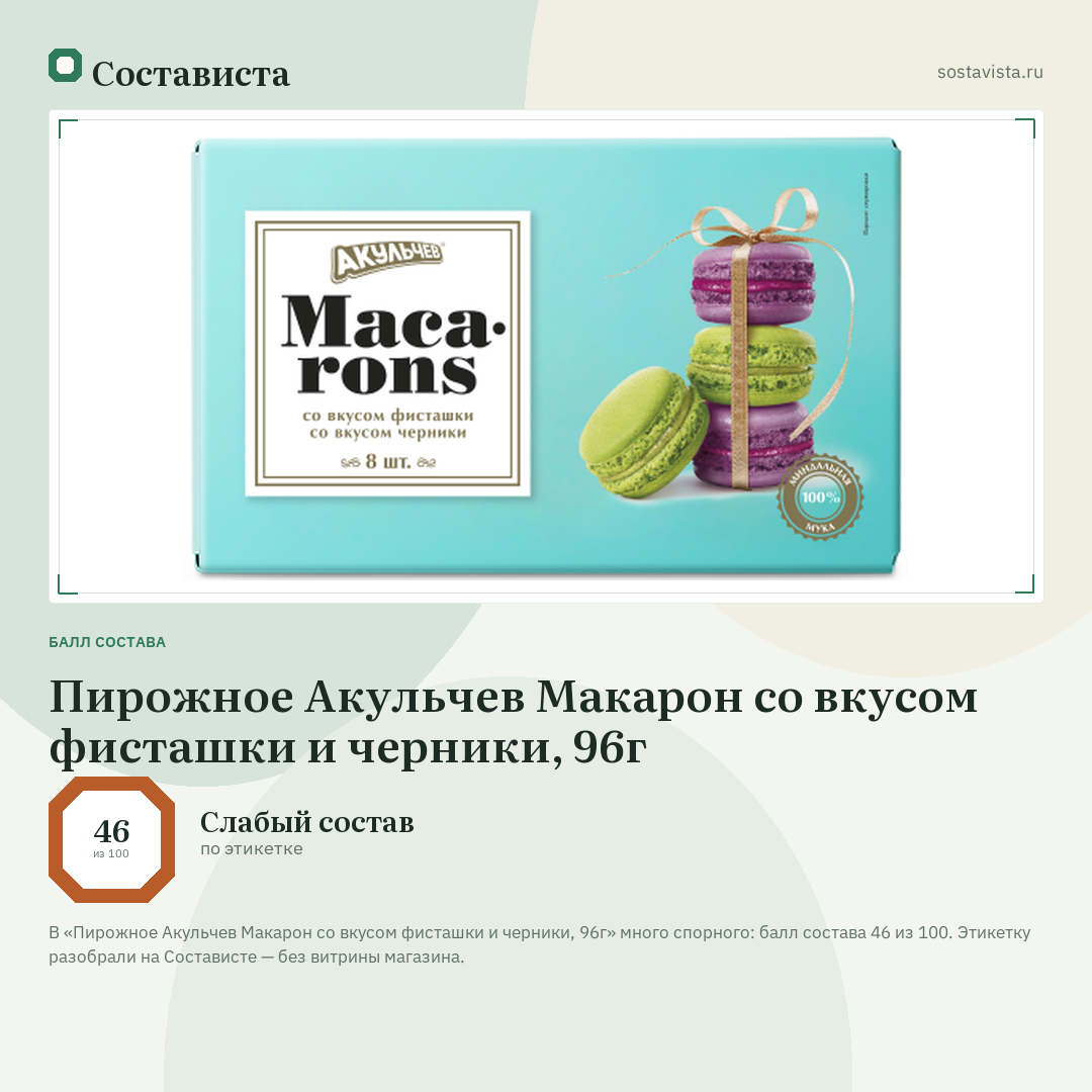 Пирожное Акульчев Макарон со вкусом фисташки и черники, 96г: балл состава 46 из 100 — Состависта