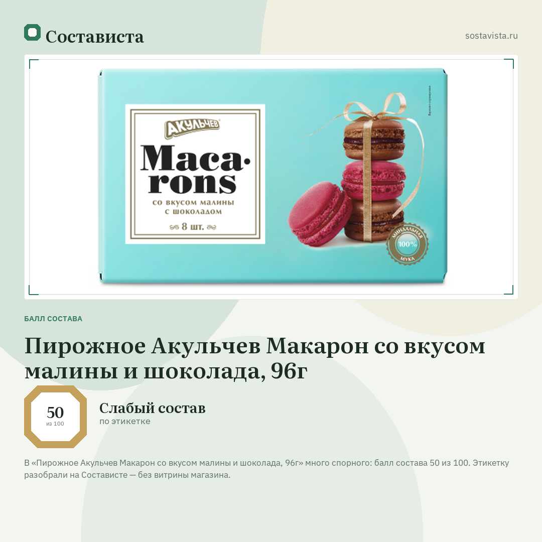 Пирожное Акульчев Макарон со вкусом малины и шоколада, 96г: балл состава 50 из 100 — Состависта