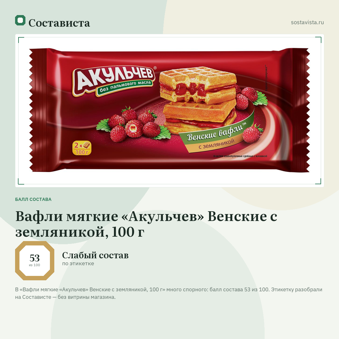 Вафли мягкие «Акульчев» Венские с земляникой, 100 г: балл состава 53 из 100 — Состависта