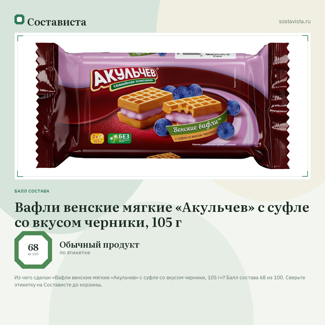 Вафли венские мягкие «Акульчев» с суфле со вкусом черники, 105 г: балл состава 68 из 100 — Состависта
