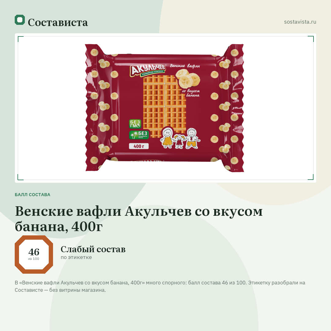 Венские вафли Акульчев со вкусом банана, 400г: балл состава 46 из 100 — Состависта