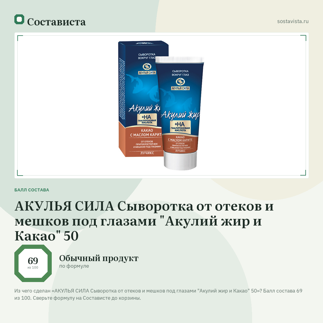 АКУЛЬЯ СИЛА Сыворотка от отеков и мешков под глазами "Акулий жир и Какао" 50: балл состава 69 из 100 — Состависта