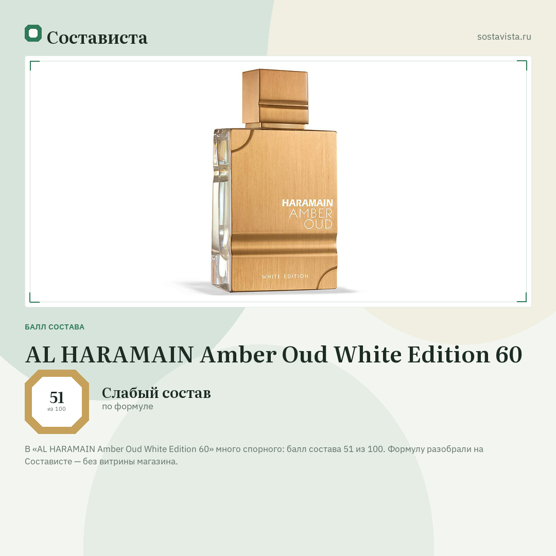 AL HARAMAIN Amber Oud White Edition 60: балл состава 51 из 100 — Состависта