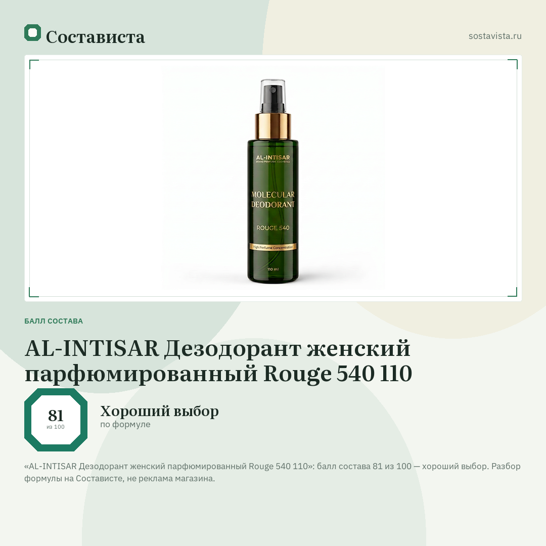 AL-INTISAR Дезодорант женский парфюмированный Rouge 540 110: балл состава 81 из 100 — Состависта