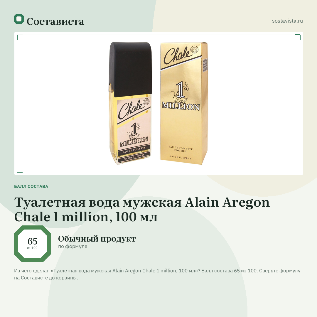 Туалетная вода мужская Alain Aregon Chale 1 million, 100 мл: балл состава 65 из 100 — Состависта