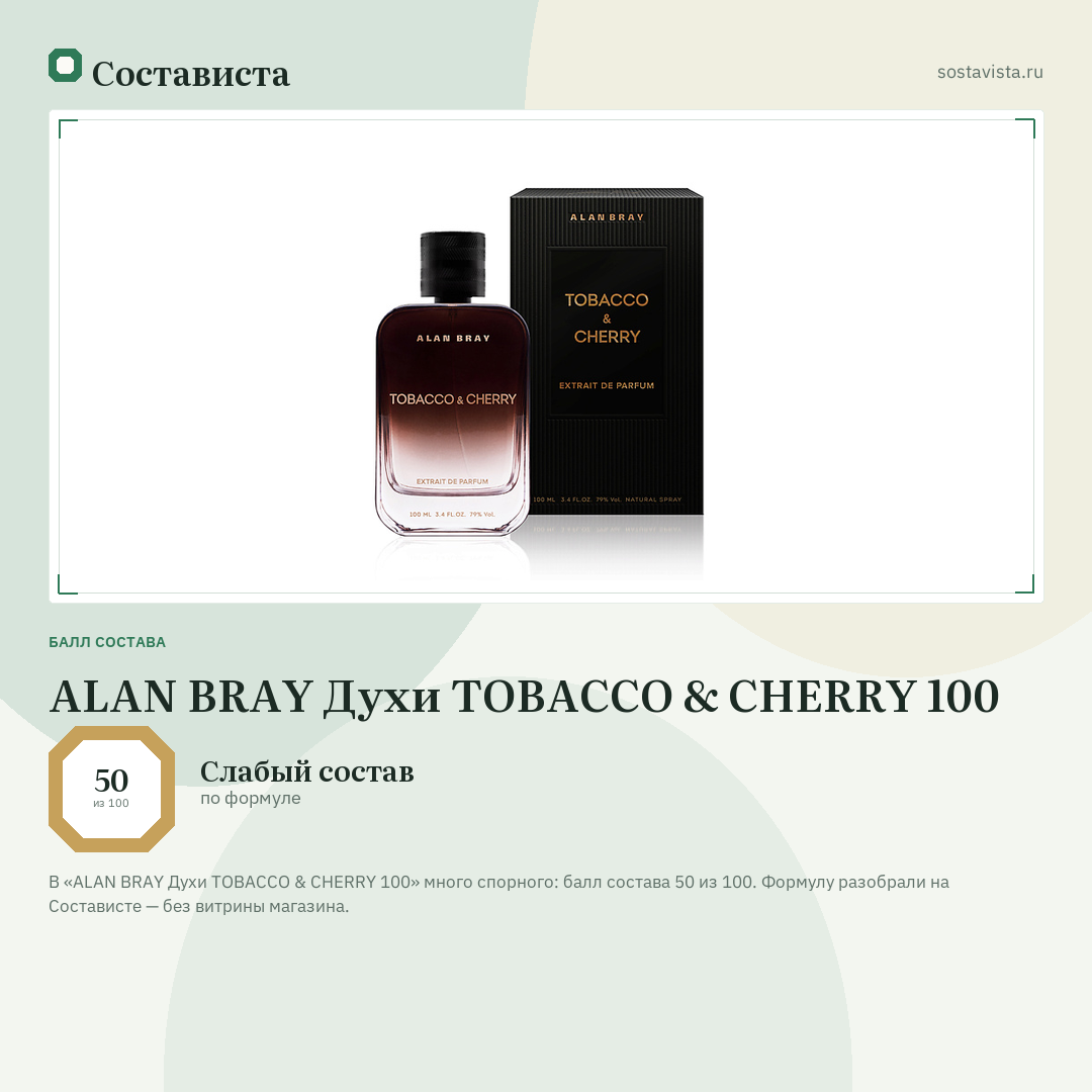 ALAN BRAY Духи TOBACCO & CHERRY 100: балл состава 50 из 100 — Состависта