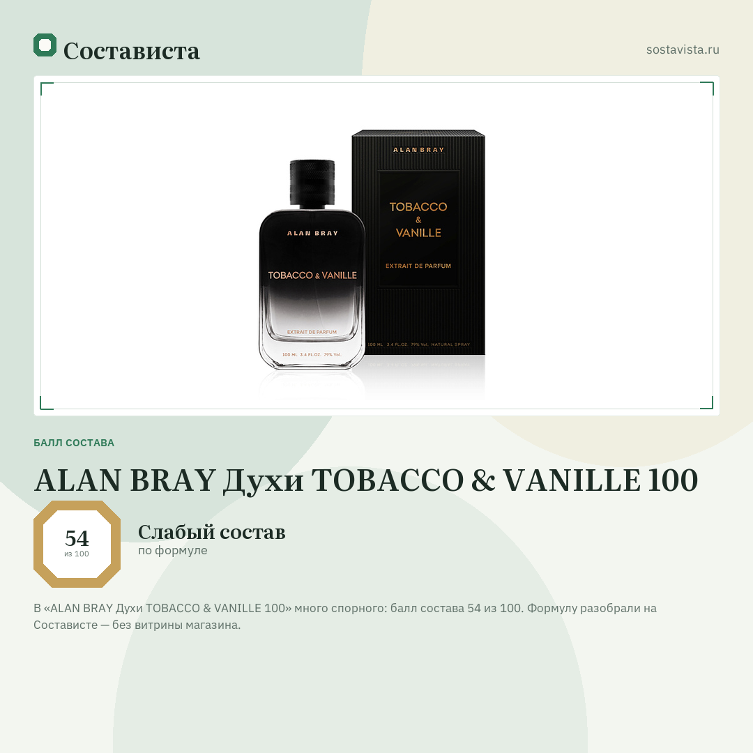 ALAN BRAY Духи TOBACCO & VANILLE 100: балл состава 54 из 100 — Состависта