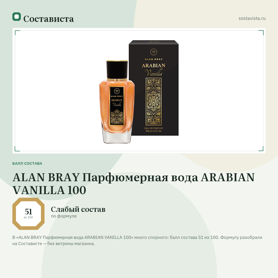 ALAN BRAY Парфюмерная вода ARABIAN VANILLA 100: балл состава 51 из 100 — Состависта