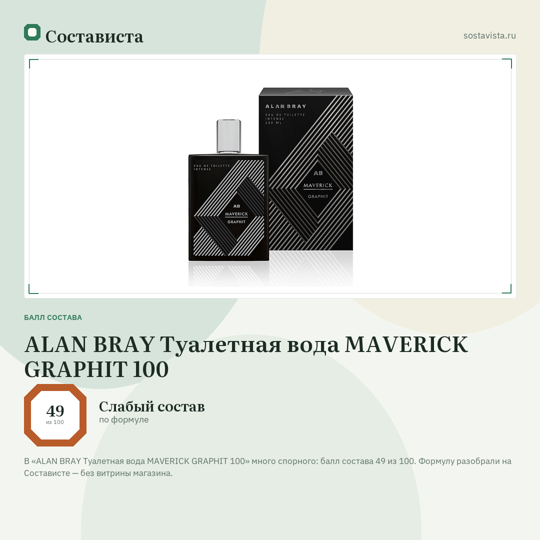 ALAN BRAY Туалетная вода MAVERICK GRAPHIT 100: балл состава 49 из 100 — Состависта