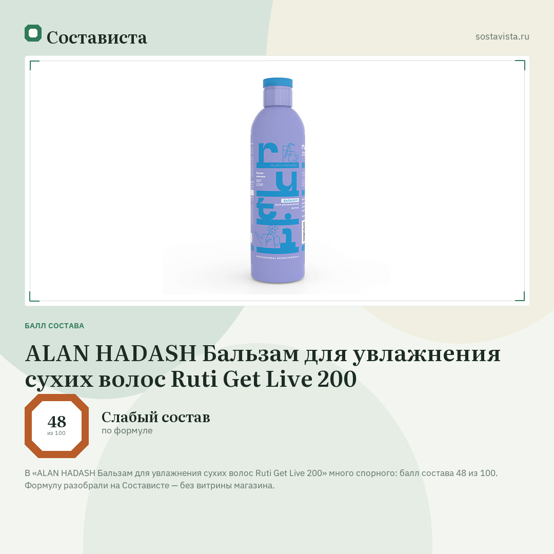 ALAN HADASH Бальзам для увлажнения сухих волос Ruti Get Live 200: балл состава 48 из 100 — Состависта