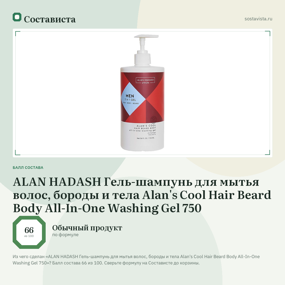 ALAN HADASH Гель-шампунь для мытья волос, бороды и тела Alan's Cool Hair Beard Body All-In-One Washing Gel 750: балл состава 66 из 100 — Состависта