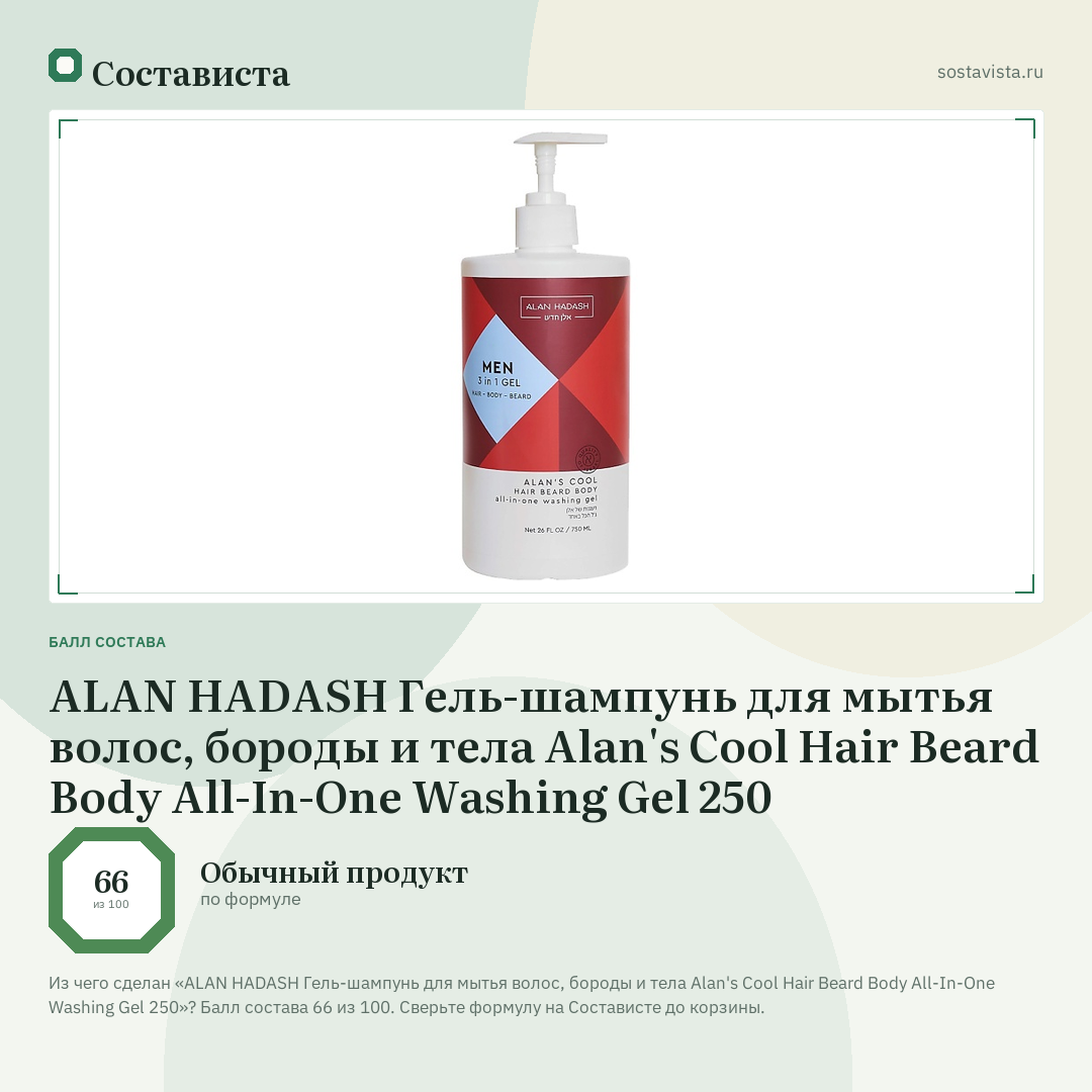 ALAN HADASH Гель-шампунь для мытья волос, бороды и тела Alan's Cool Hair Beard Body All-In-One Washing Gel 250: балл состава 66 из 100 — Состависта
