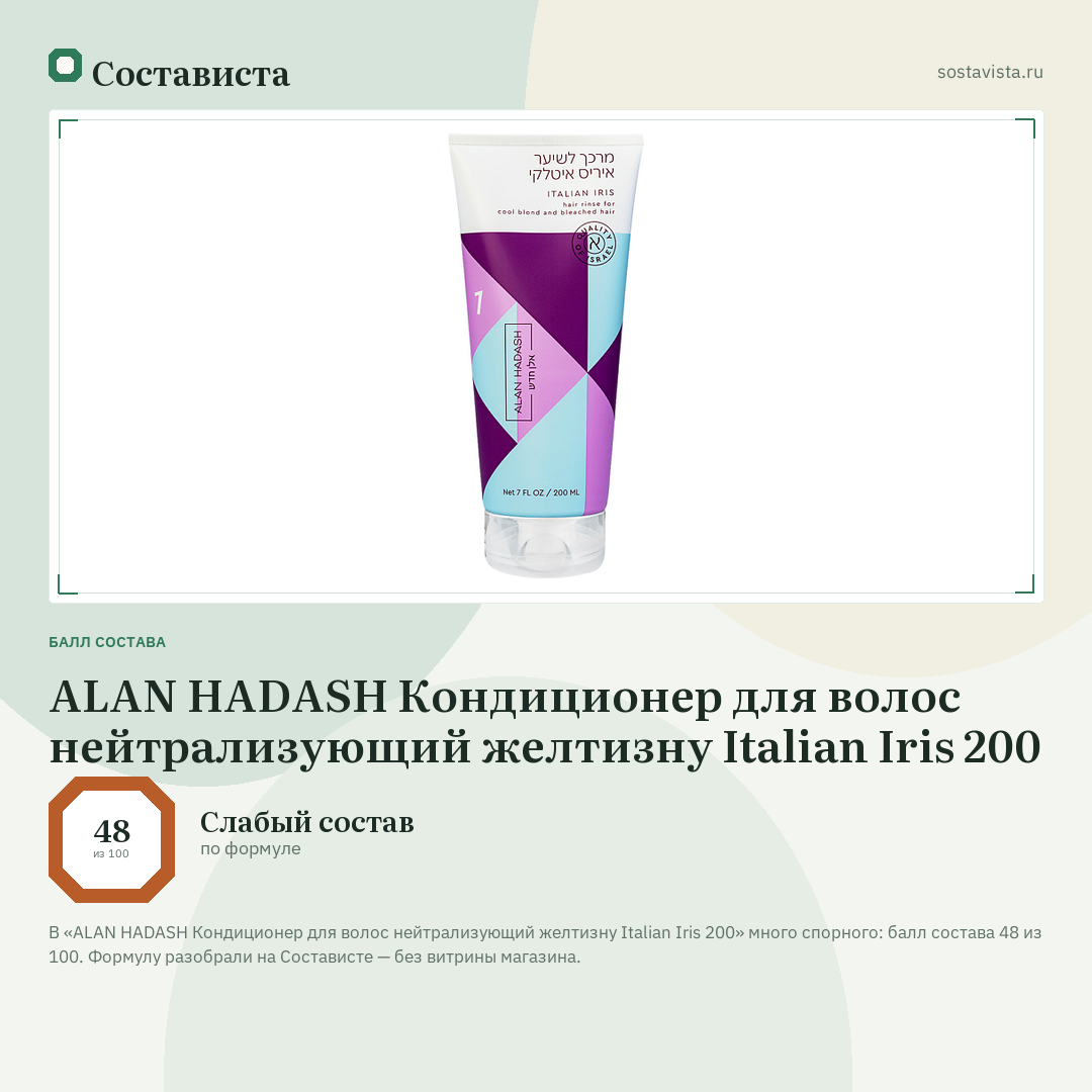 ALAN HADASH Кондиционер для волос нейтрализующий желтизну Italian Iris 200: балл состава 48 из 100 — Состависта