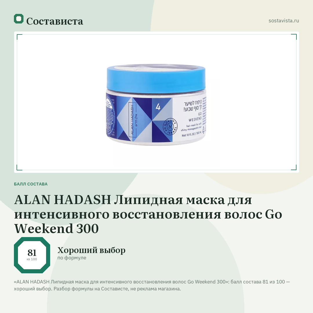 ALAN HADASH Липидная маска для интенсивного восстановления волос Go Weekend 300: балл состава 81 из 100 — Состависта