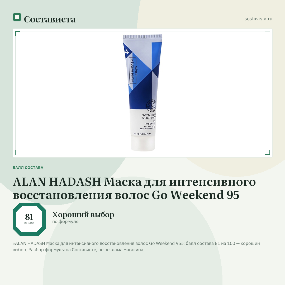 ALAN HADASH Маска для интенсивного восстановления волос Go Weekend 95: балл состава 81 из 100 — Состависта