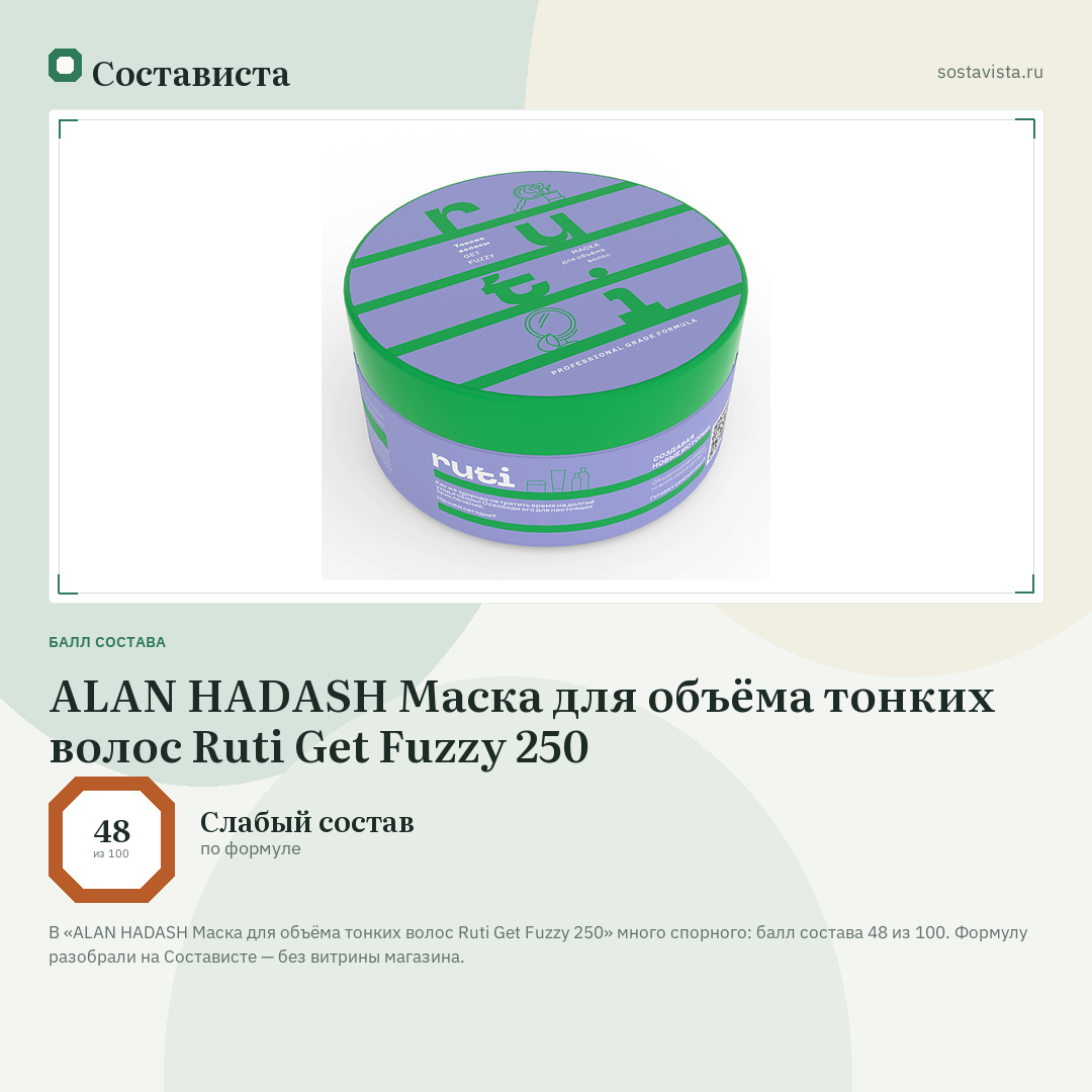 ALAN HADASH Маска для объёма тонких волос Ruti Get Fuzzy 250: балл состава 48 из 100 — Состависта