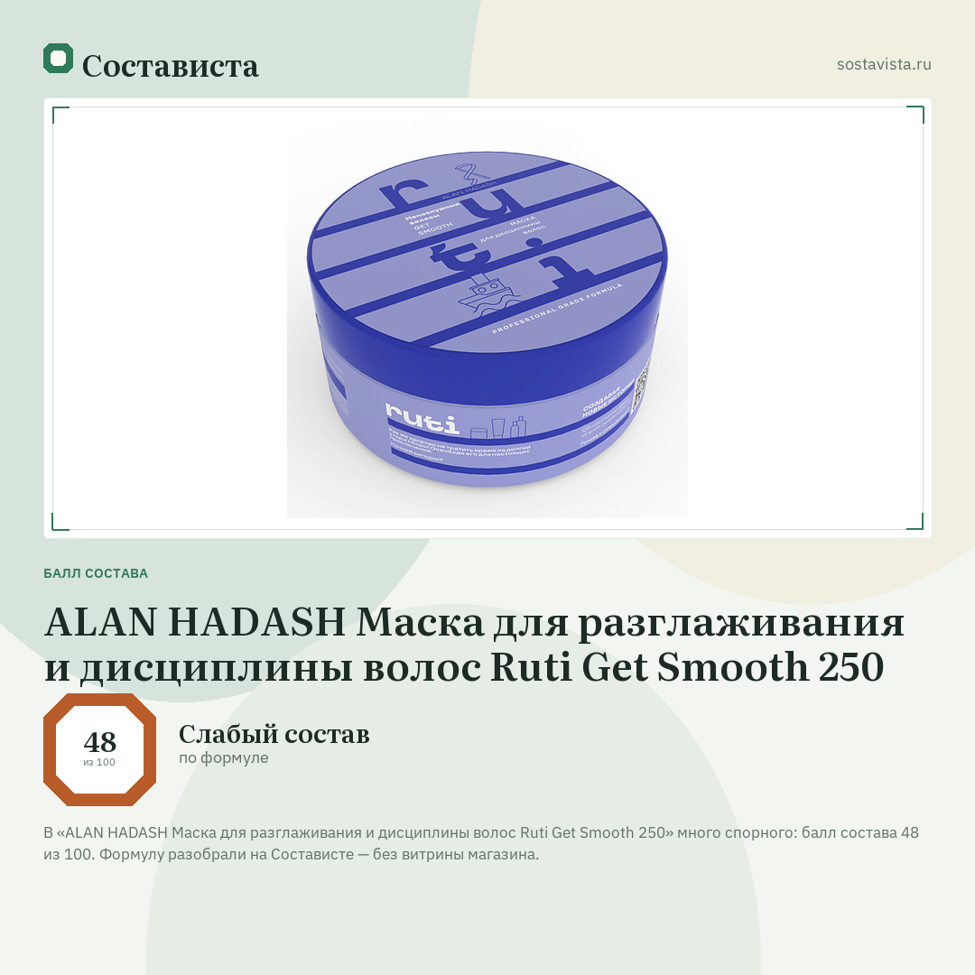 ALAN HADASH Маска для разглаживания и дисциплины волос Ruti Get Smooth 250: балл состава 48 из 100 — Состависта