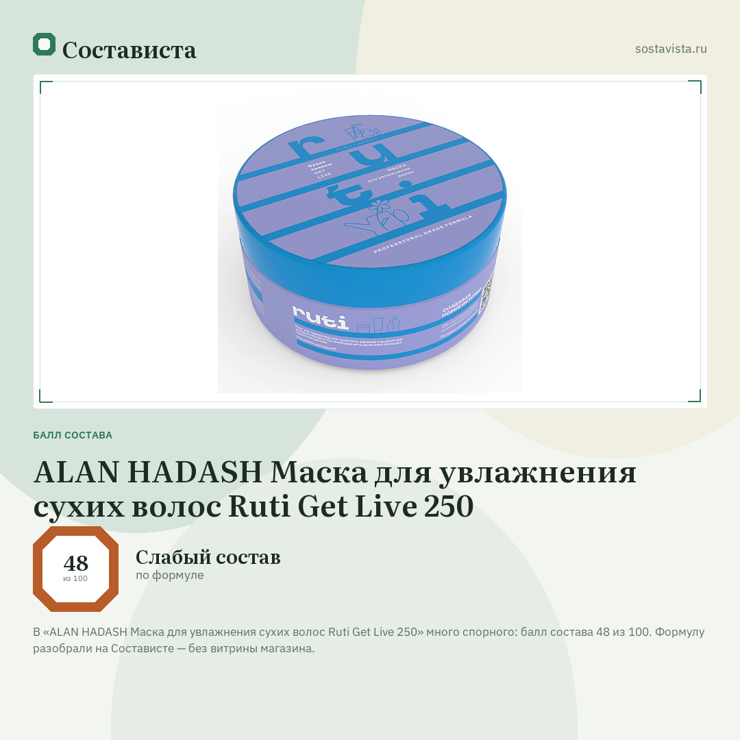 ALAN HADASH Маска для увлажнения сухих волос Ruti Get Live 250: балл состава 48 из 100 — Состависта
