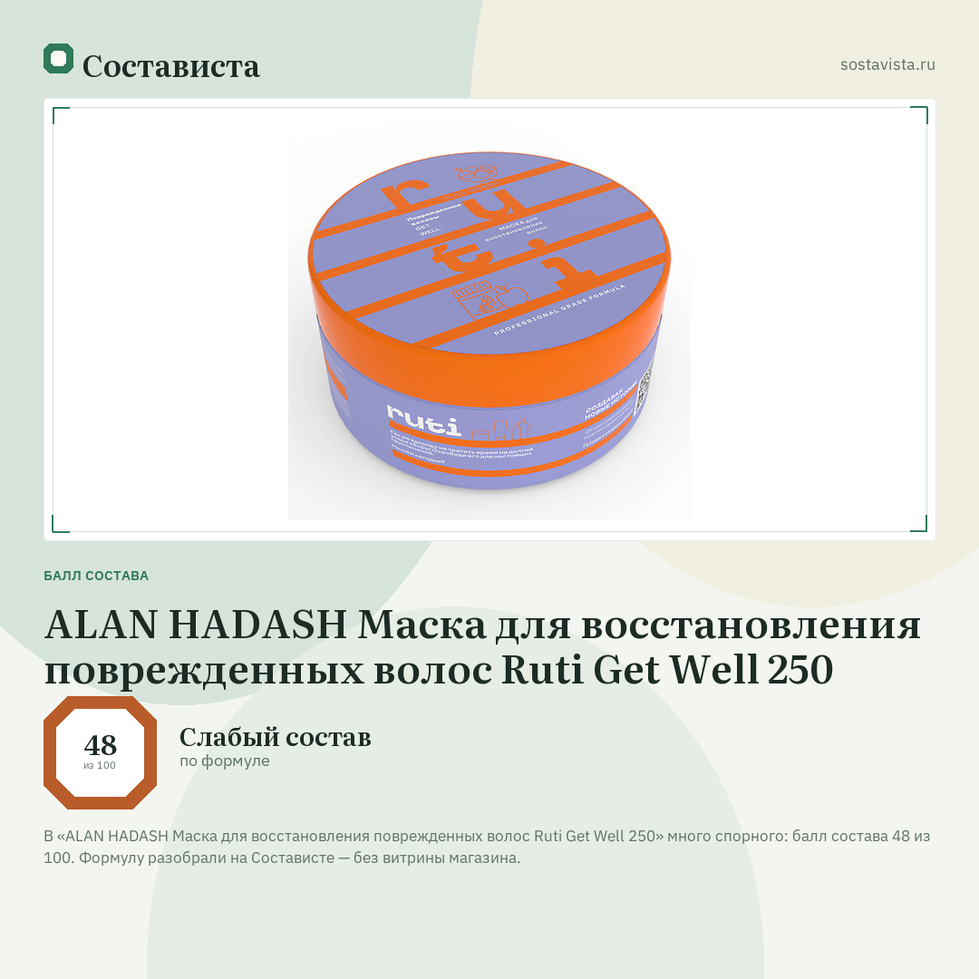 ALAN HADASH Маска для восстановления поврежденных волос Ruti Get Well 250: балл состава 48 из 100 — Состависта