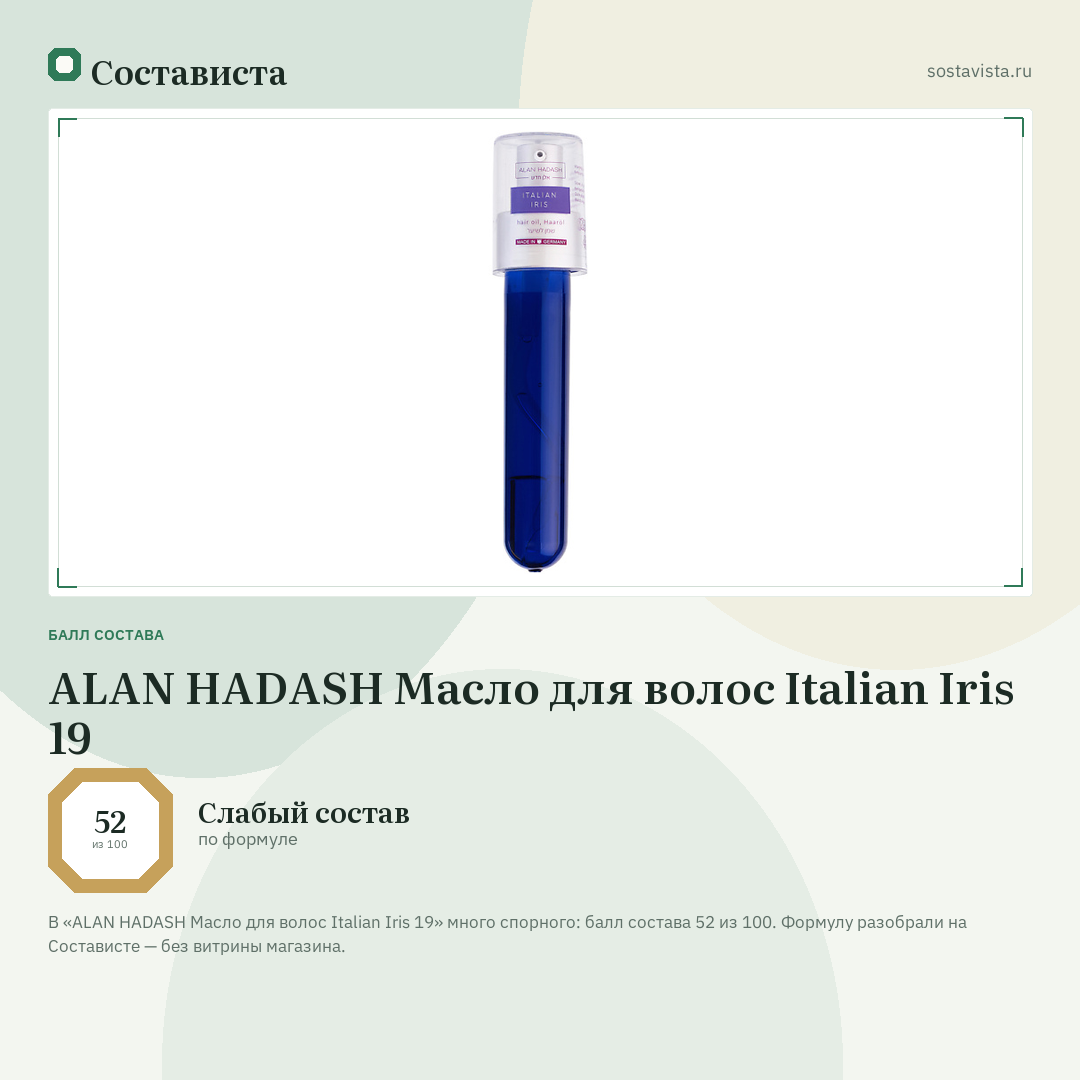 ALAN HADASH Масло для волос Italian Iris 19: балл состава 52 из 100 — Состависта