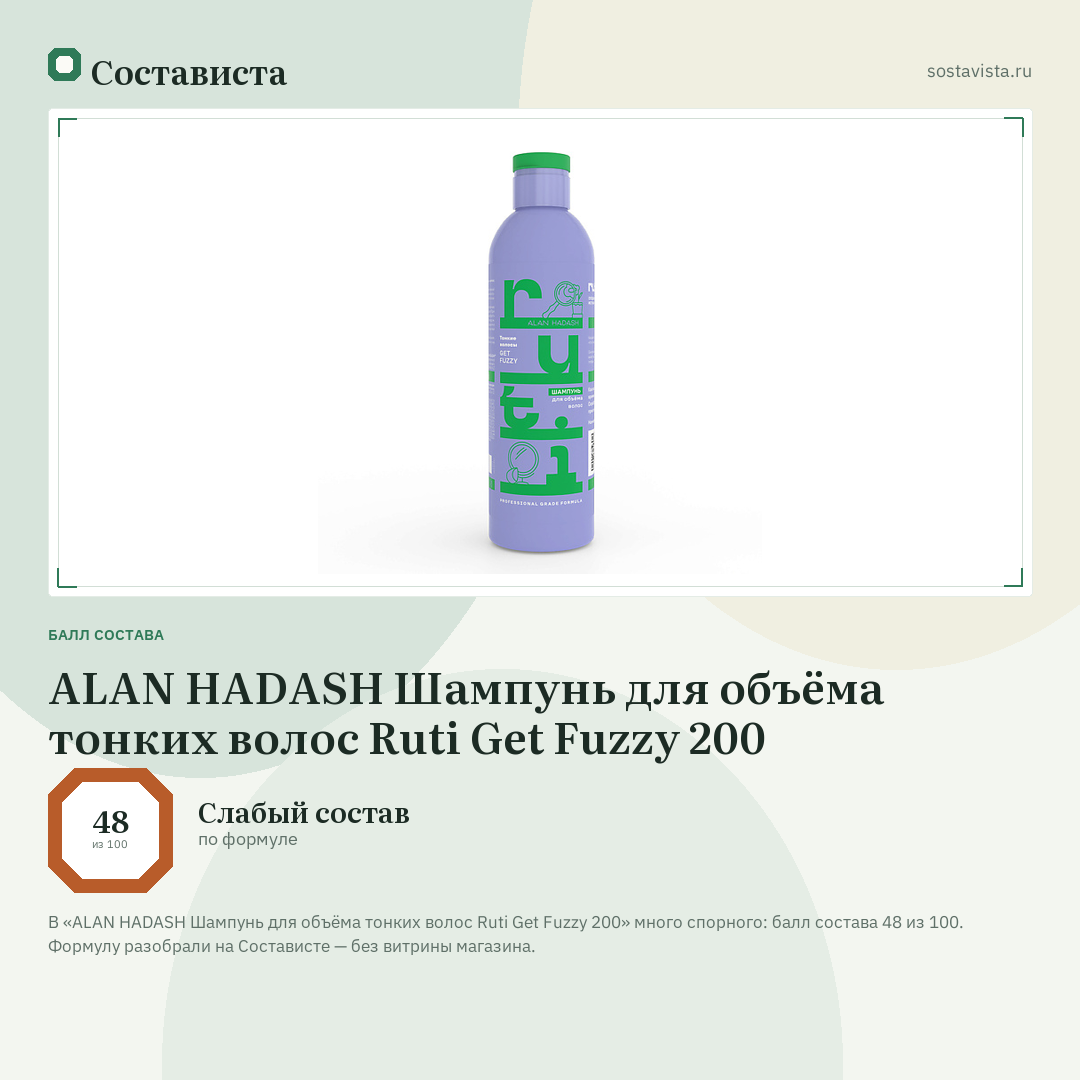 ALAN HADASH Шампунь для объёма тонких волос Ruti Get Fuzzy 200: балл состава 48 из 100 — Состависта
