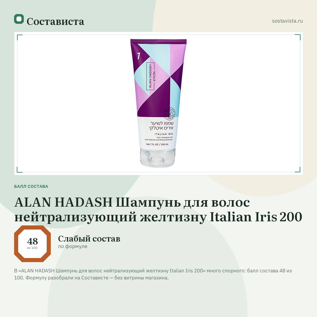 ALAN HADASH Шампунь для волос нейтрализующий желтизну Italian Iris 200: балл состава 48 из 100 — Состависта