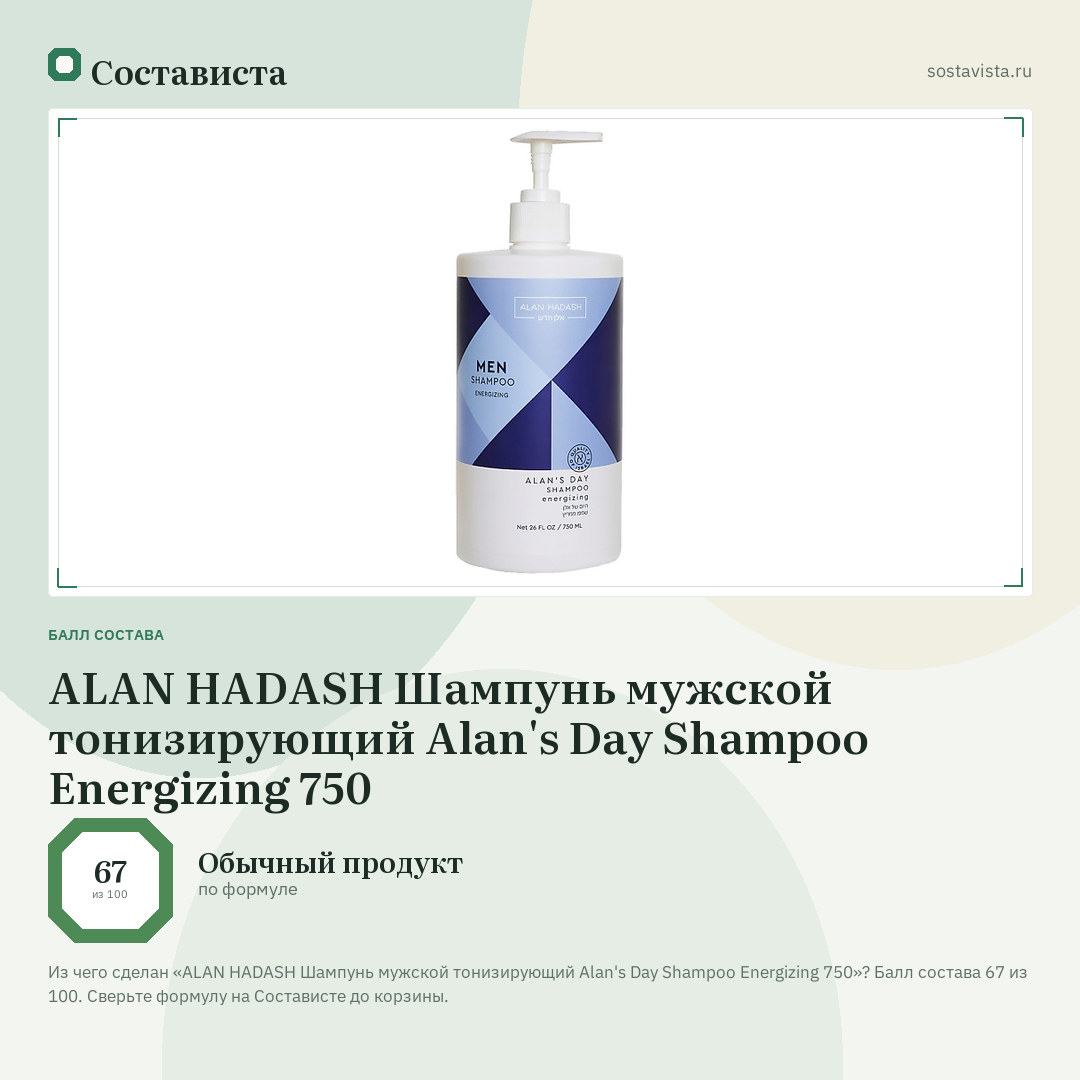 ALAN HADASH Шампунь мужской тонизирующий Alan's Day Shampoo Energizing 750: балл состава 67 из 100 — Состависта
