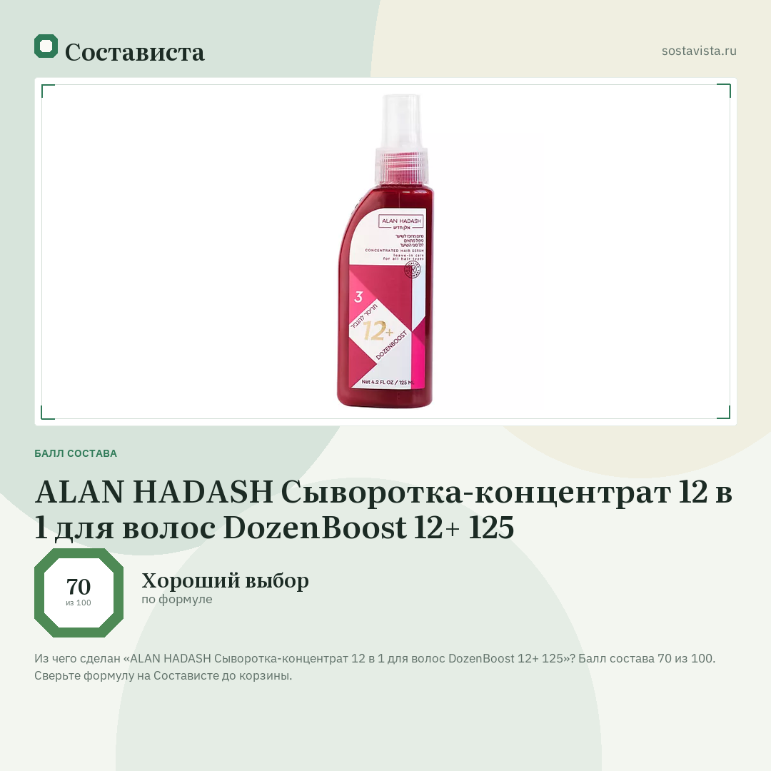 ALAN HADASH Сыворотка-концентрат 12 в 1 для волос DozenBoost 12+ 125: балл состава 70 из 100 — Состависта