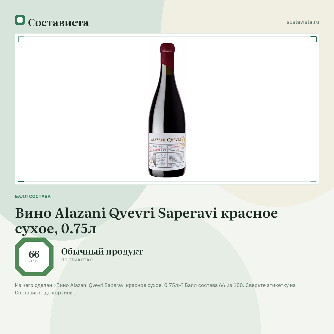 Вино Alazani Qvevri Saperavi красное сухое, 0.75л: балл состава 66 из 100 — Состависта