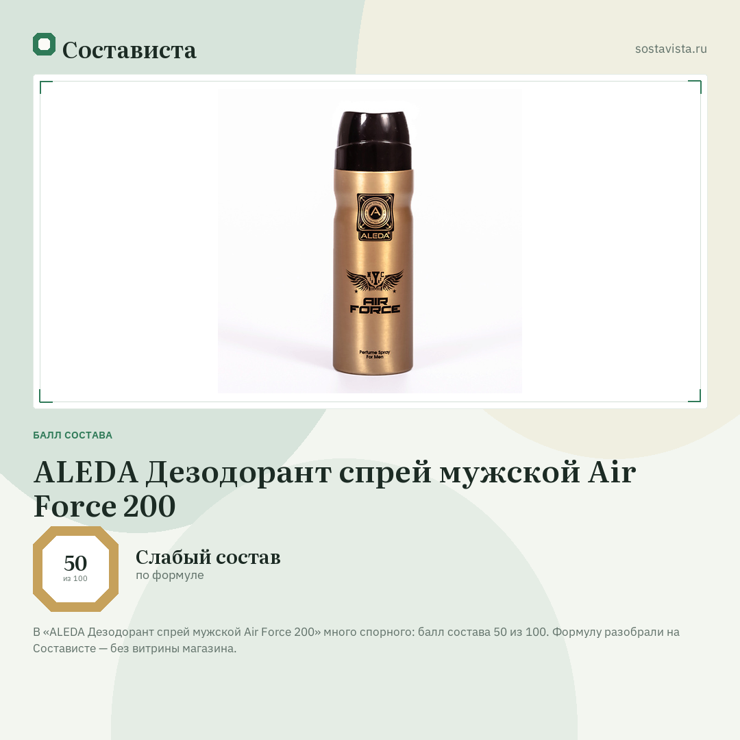 ALEDA Дезодорант спрей мужской Air Force 200: балл состава 50 из 100 — Состависта