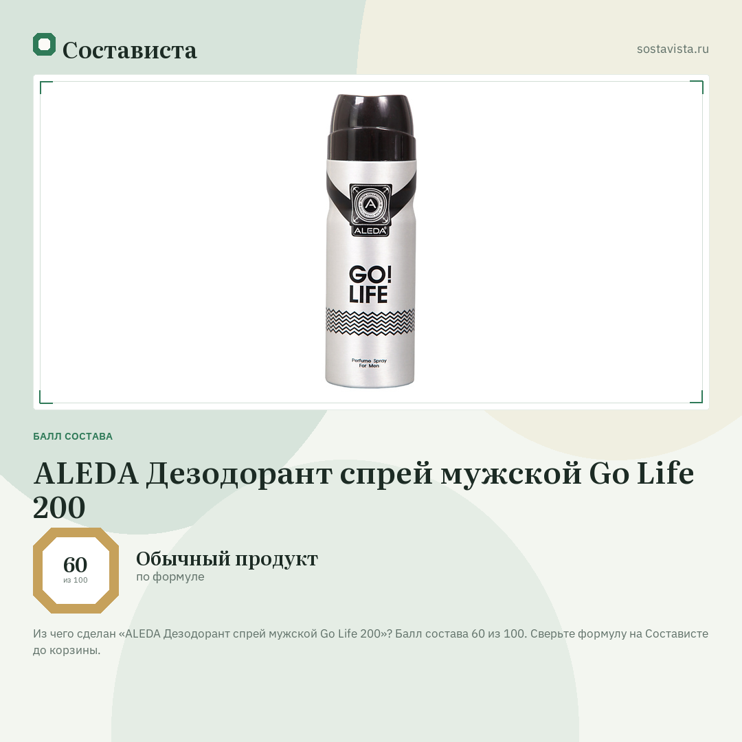 ALEDA Дезодорант спрей мужской Go Life 200: балл состава 60 из 100 — Состависта