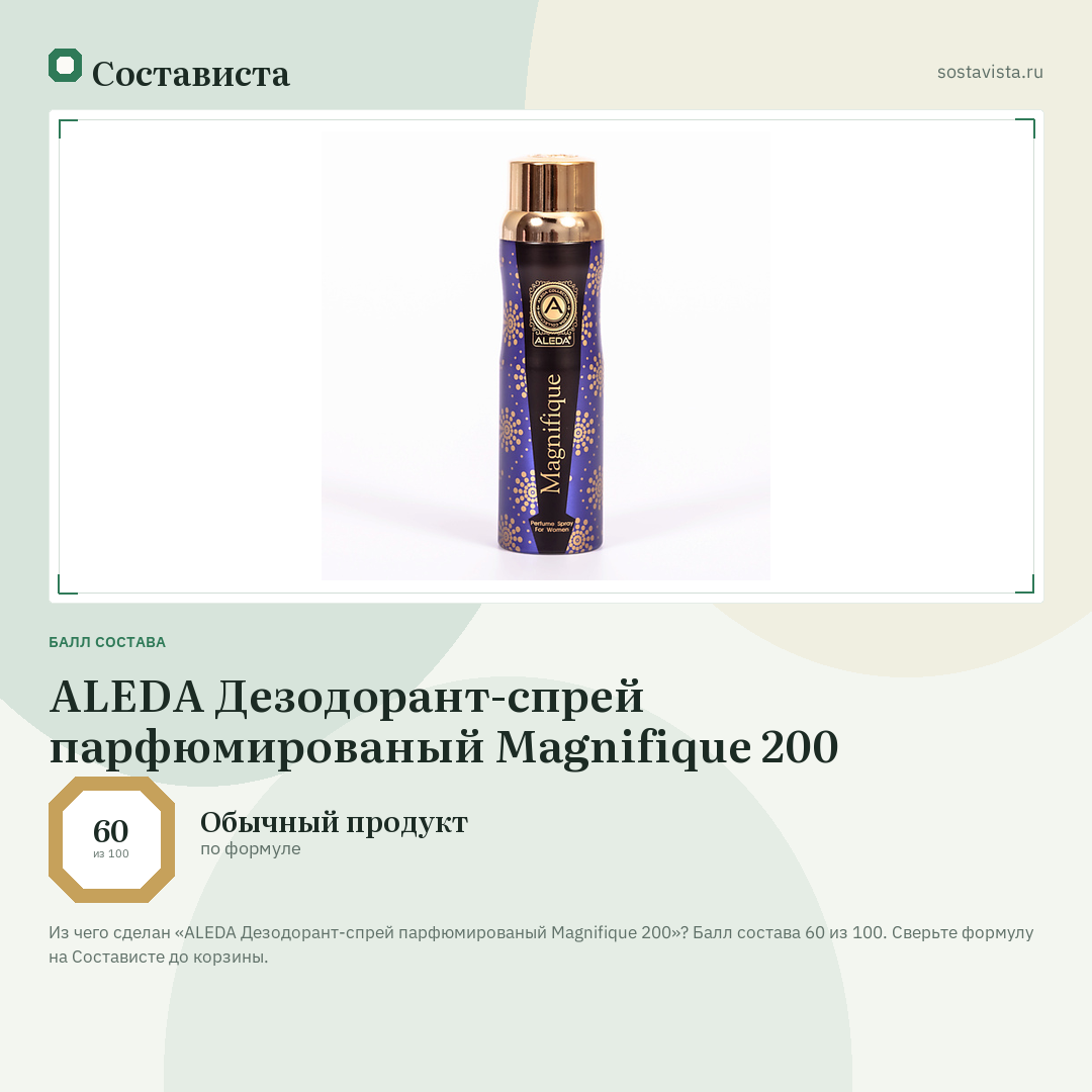 ALEDA Дезодорант-спрей парфюмированый Magnifique 200: балл состава 60 из 100 — Состависта