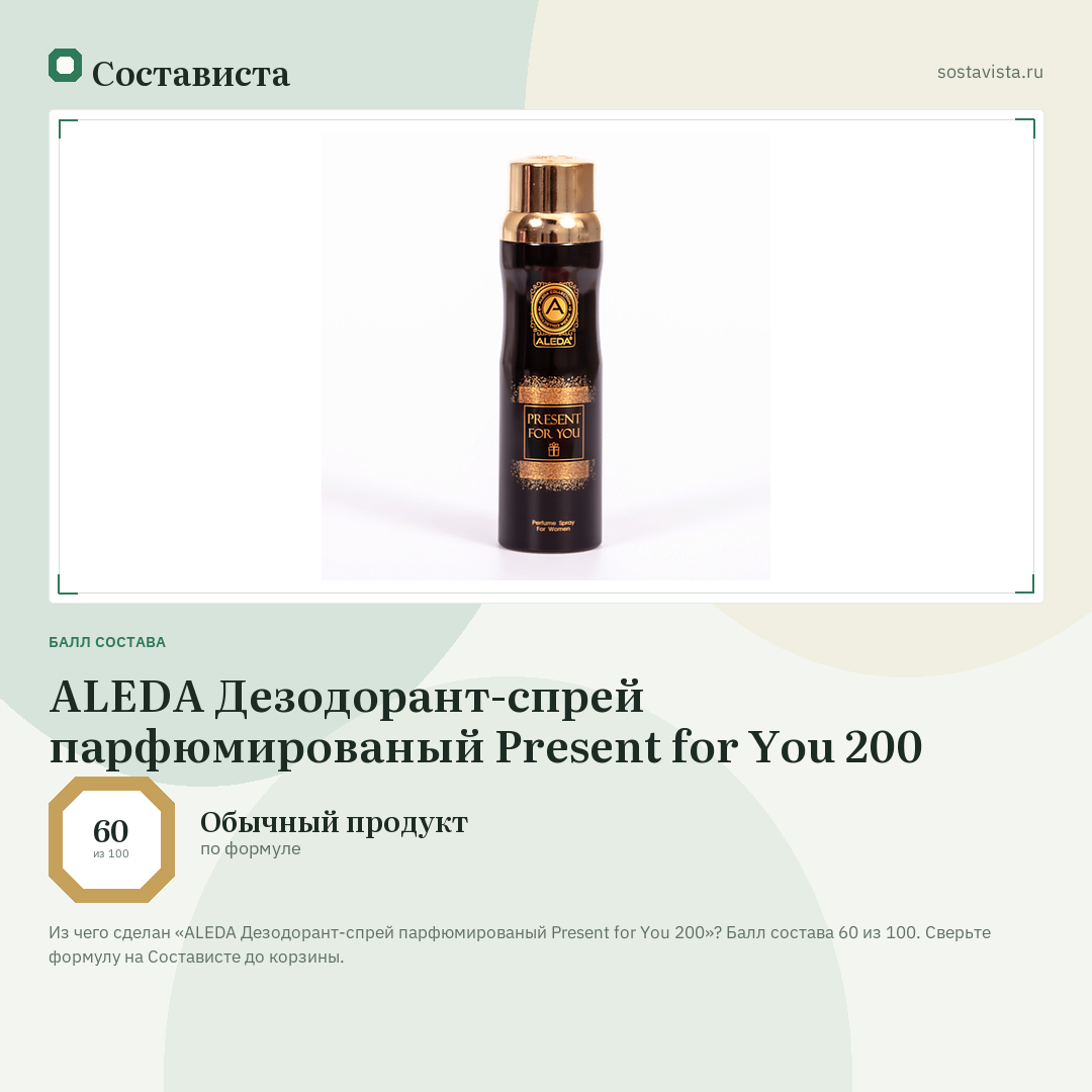 ALEDA Дезодорант-спрей парфюмированый Present for You 200: балл состава 60 из 100 — Состависта