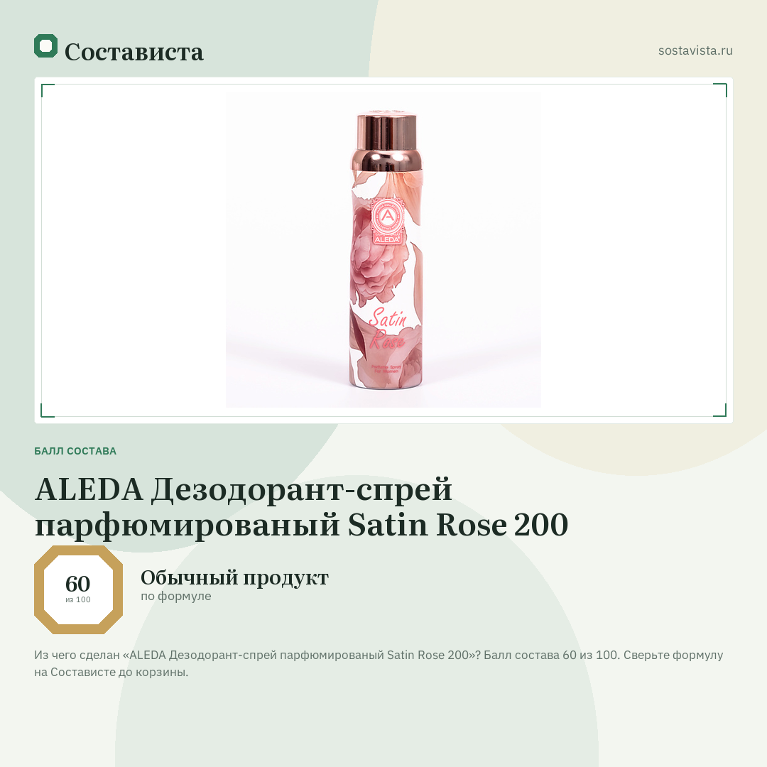 ALEDA Дезодорант-спрей парфюмированый Satin Rose 200: балл состава 60 из 100 — Состависта
