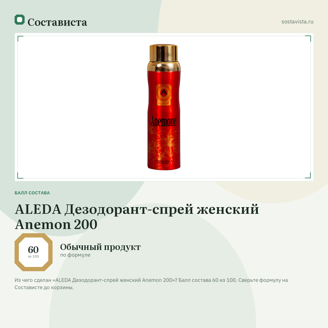 ALEDA Дезодорант-спрей женский Anemon 200: балл состава 60 из 100 — Состависта